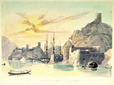 Vista interna del porto di Mascate (Oman), con descrizione degli edifici fortificati e delle navi ormeggiate. Lt-Col. Dipinto di Charles Hamilton Smith da Unbekannter Künstler
