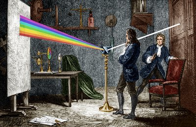 Isaac Newton disperde la luce con un prisma di vetro da Unbekannter Künstler