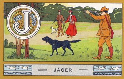 J : Jager - Alphabet Palmin. Serie di cromolitografie edite da H. Schlinck & Cie, Amburgo, s. d. Pubblicità per Palmin feinstes Cocosfett. Dimensioni: 7 x 11 cm da Unbekannter Künstler
