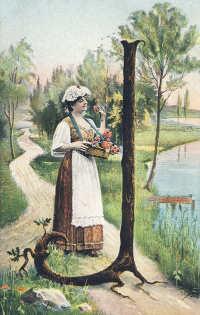 J : Una donna in piedi con una gonna lunga, grembiule e corpetto porta un cesto di fiori. Ambiente campestre - Alfabeto personaggi Rif Th. E., L. Theochrom - Serie 994. Theodor Eisman, editore, Lipsia da Unbekannt