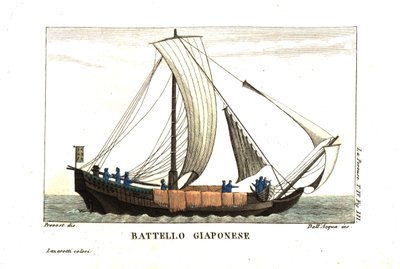 Barca a vela giapponese. Illustrazione di Jean Louis Prevost Da Jean François de Galaup, Conte di La Perouse (1741-1788) Diario. Incisione su rame colorata a mano di Lazaretti da Collezione delle più interessanti V da Unbekannter Künstler