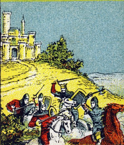 Re Luigi VI Le Gros combatté contro il brigantaggio dei signori del regno. Incisione in "Histoire de France". Serie di immagini pubblicitarie pubblicate per conto di Louit, 24 rue d