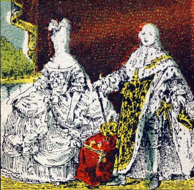 Re Luigi XVI di Francia e la regina Maria Antonietta. Incisione in "Histoire de France". Serie di immagini pubblicitarie pubblicate per conto di Louit, 24 rue d
