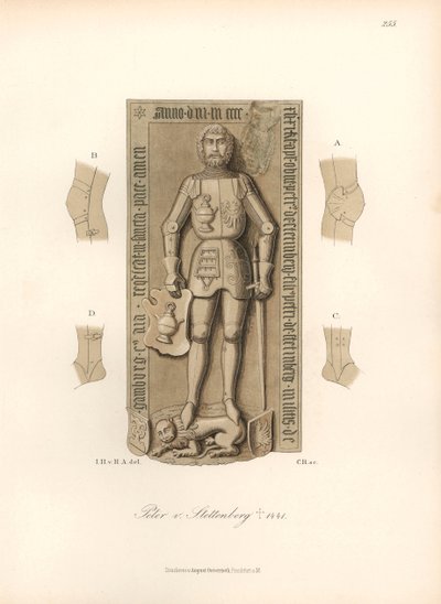 Cavaliere in armatura del XV secolo, con dettagli delle legature su ginocchia e gomiti - Lapide di Peter von Stettenberg, morto nel 1441 - Cromolitografia, disegno di Jakob Heinrich von Hefner-Alteneck per il suo libro “Costumi, mestieri e strumenti da Unbekannter Künstler