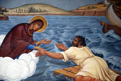 Monastero di Kykkos, Cipro. Affresco. La Vergine Maria salva un marinaio naufragato da Unbekannt