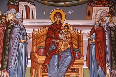 Monastero di Kykkos, Cipro: Affresco della Vergine e bambino circondati da oratori da Unbekannt