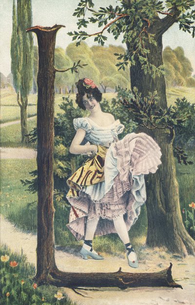 L : Una donna con fiori nei capelli solleva le gonne per accennare un passo di danza. Decorazione campestre - Alfabeto personaggi Ref Th. E., L. Theochrom - Serie 994. Theodor Eisman, editore, Lipsia da Unbekannt