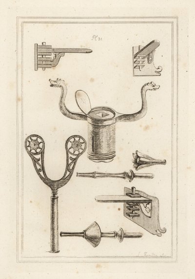 Appoggio per lancia 1,2,3, appoggio per moschetto 4,5, coronel o corona di una lancia da giostra 6, manico di una lancia da giostra con protezione per la mano 7, e lancia da giostra senza protezione per la mano 8 da Unbekannt