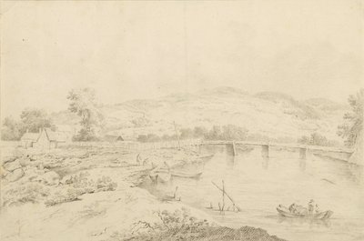 Paesaggio sul fiume, con ponti e barche da Unbekannter Künstler