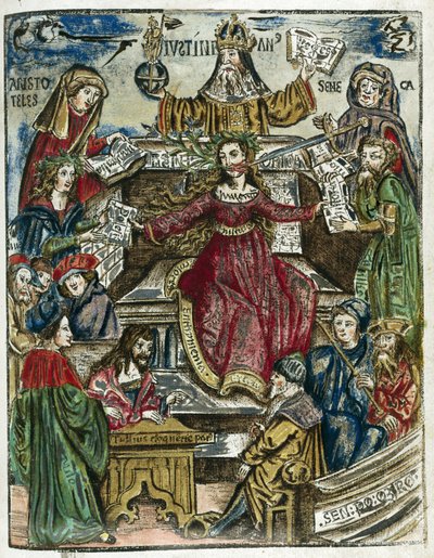 I rami della conoscenza XVI secolo: ciascuno rappresentato da diverse personalità: in alto, Aristotele (384-322 a.C.) per la filosofia e Seneca (Lucius Annaeus Seneca, 4 a.C.-65) per la morale da Unbekannt