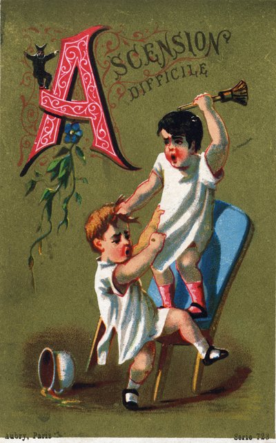 Lettera A: Ascesa difficile. Incisione in "Alphabet des grotesques". Serie di 25 cromolitografie pubblicitarie su sfondo dorato, fine XIX secolo da Unbekannt