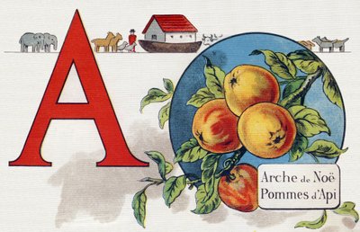 Lettera A: Arca di Noè, Mela. Incisione in "ABC L