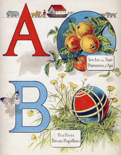 Lettera A e B: Arca di Noè, Apy Apple, Pallone e bel farfalla. Incisione in "ABC L
