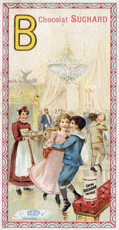 Lettera B: passeggiata, balcone, bevande, candele, cameriera, panchina. Incisione dell