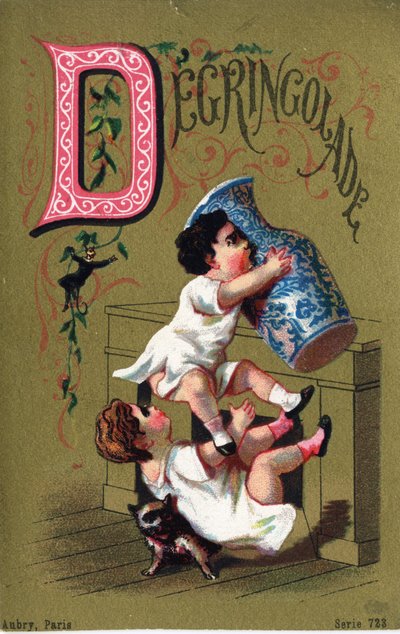 Lettera D: Degringolade. Incisione in "Alphabet des grotesques". Serie di 25 cromolitografie pubblicitarie su sfondo dorato, fine XIX secolo. da Unbekannt