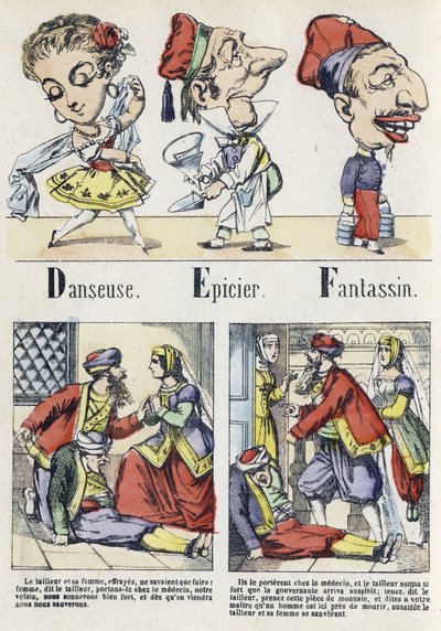 Lettere D, E e F: ballerino, droghiere e fanteria. Alfabeto del Racconto Orientale. Immagini di Epinal, circa 1890. Serie popolare. Piccolo opuscolo di 8 pagine. da Unbekannt