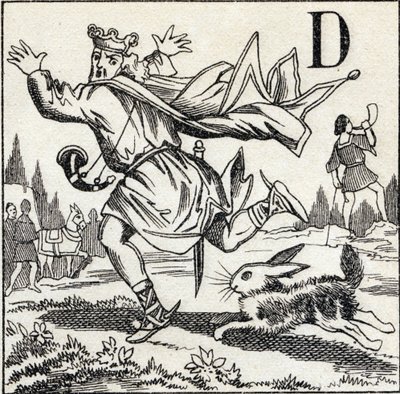 Lettera D: Re Dagoberto inseguito da una lepre. Incisione in "ABC Les Images en Alphabet". Imagerie d