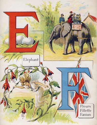 Lettera E e F: elefante e fiori, ragazza, bandiera. Incisione in "ABC L