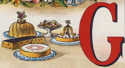 Lettera G: torte. Incisione in "Alphabet de ma petite fille". Bernardin-Bechet e Fils, librai-editori, Parigi, circa 1895. Album infrangibile su tela. Bibliothèque des Bebes. da Unbekannt