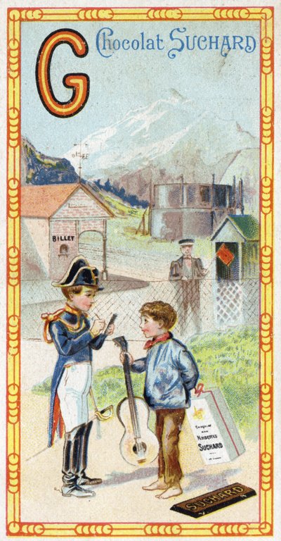 Lettera G: ghiacciaio, gendarme, gasometro, bambino, stazione, guerriero, banderuola, chitarra. Incisione dell