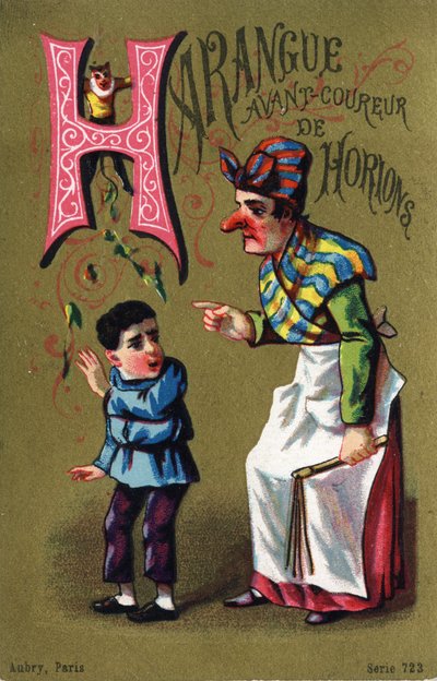 Lettera H: Arringa prima del colpo. Incisione in "Alphabet des grotesques". Serie di 25 cromolitografie pubblicitarie su sfondo dorato, fine XIX secolo da Unbekannt