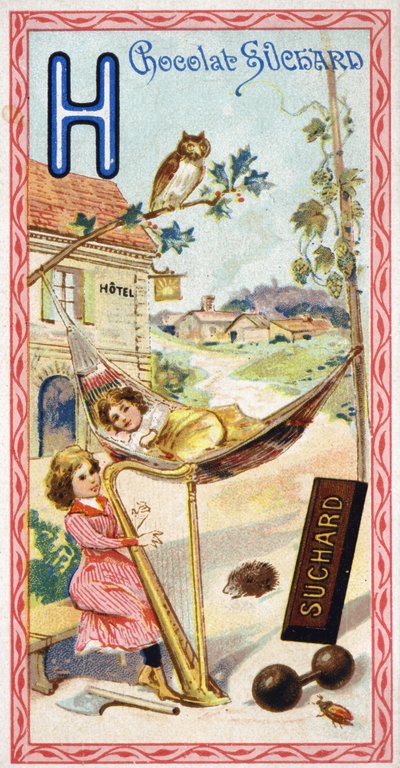 Lettera H: hotel, gufo, amaca, arpa, ascia, riccio, luppolo, manubri, chabbing, amleto. Incisione dell