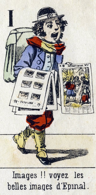 Lettera I: "Immagini!! guarda le belle immagini di Epinal". Alfabeto "Divertimento dei bambini". Immagini di Epinal, circa 1890. Serie popolare. Piccolo opuscolo di 8 pagine. da Unbekannt