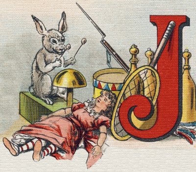 Lettera J: giocattoli. Incisione in "Alfabeto della mia bambina". Bernardin-Bechet e Fils, librai-editori, Parigi, circa 1895. Album infrangibile su tela. Biblioteca dei Bebè. 12 pagine. Album contenente un metodo di lettura e un abecedario illustrato da Unbekannt