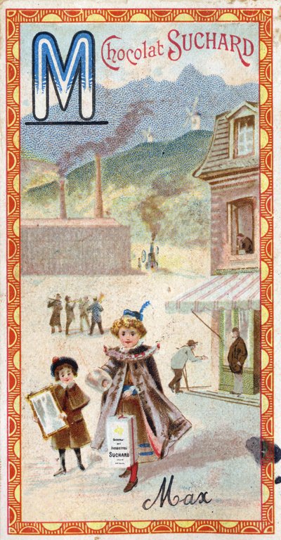 Lettera M: montagna, specchio, macchina, manifattura, cappotto, mendicante, mulino. Incisione dell
