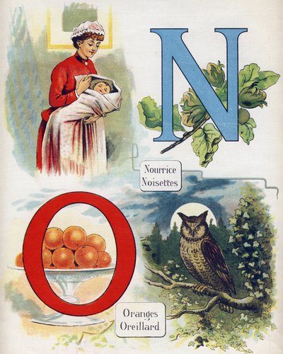 Lettera N e O: infermiera, nocciola, arance e orecchio. Incisione in "ABC L