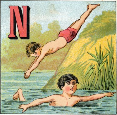 Lettera N per nuoto. Incisione in "Alphabet des petits ecoliers". Imagerie di Epinal, circa 1885. Collezione privata da Unbekannt