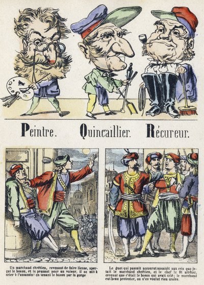 Lettere P, Q e R: pittore, ferramenta e recuperatore. Alfabeto del Racconto Orientale. Immagini di Epinal, circa 1890. Serie popolare. Piccolo opuscolo di 8 pagine. da Unbekannt