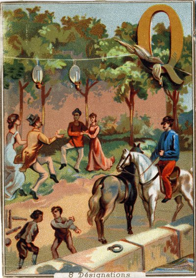 Lettera Q: quadriglia; lite; bowling; tifa; quinquets; quattro; molo. Alfabeto. In ogni immagine, ci sono un certo numero di parole illustri le cui rappresentazioni sono messe in scena. Cromolitografie della Litografia Parigina, circa 1890. Dim: 10,7x7,5cm da Unbekannt