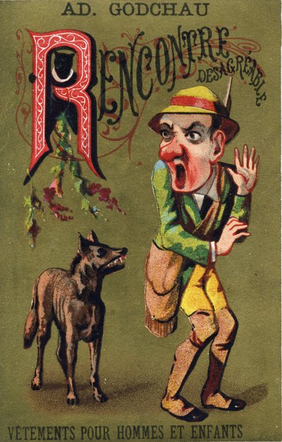 Lettera R: Incontro sgradevole. Incisione in "Alphabet des grotesques". Serie di 25 cromolitografie pubblicitarie su sfondo dorato, fine XIX secolo. da Unbekannt