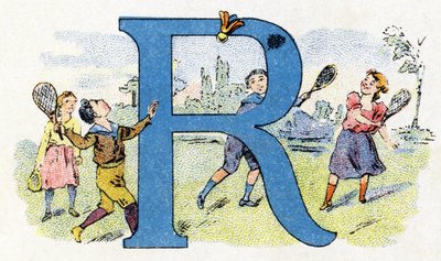 Lettera R: Racchetta volante. Alfabeto di Phosphatine Falieres. Incisione. Brevete alphabet S.G.D.G. del farmacista Pierre Emile Falieres. Illustrazioni in cromolitografia, fine XIX secolo. 16 pagine. da Unbekannt