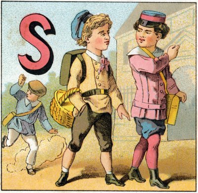 Lettera S come uscita da scuola. Incisione in "Alphabet des petits ecoliers". Imagerie di Epinal, circa 1885. Collezione privata da Unbekannt