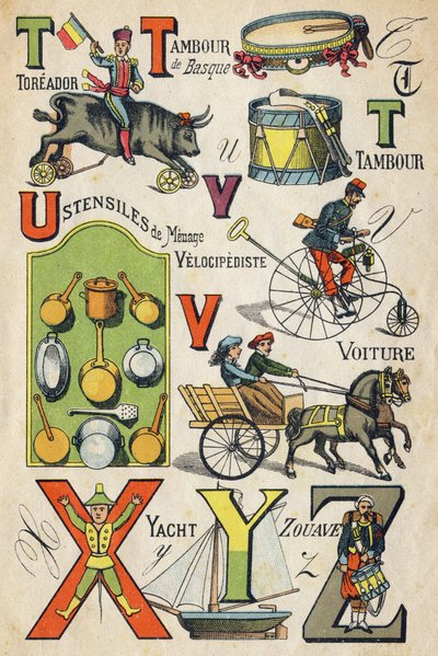Lettera T, U, V, X, Y e Z. Incisione in "ABC Giocattoli". Imagerie d