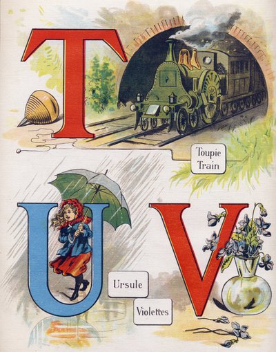 Lettera T, U e V: trottola, treno, ursula e viola. Incisione in "ABC L