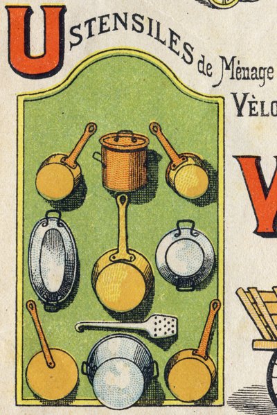 Lettera U. Cocote, stufa, scoiattolo, casseruola... Incisione in "ABC Toys". Immagini di Epinal in cromolitografia, circa 1890. Piccolo opuscolo di 8 pagine. da Unbekannt