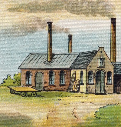 Lettera U: Fabbrica. Incisione in "Alfabeto della mia bambina". Bernardin-Bechet e Fils, librai-editori, Parigi, circa 1895. Album infrangibile su tela. Biblioteca dei Bebè. 12 pagine. Album contenente un metodo di lettura e un abecedario illustrato da Unbekannt