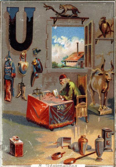 Lettera U: uniformi; urna; urus; urubu; usuraio; utensili; fabbrica. Alfabeto. In ogni immagine, ci sono un certo numero di parole illustri le cui rappresentazioni sono messe in scena. Cromolitografie della Litografia Parigina, circa 1890. Dim: 10,7x7,5cm da Unbekannt
