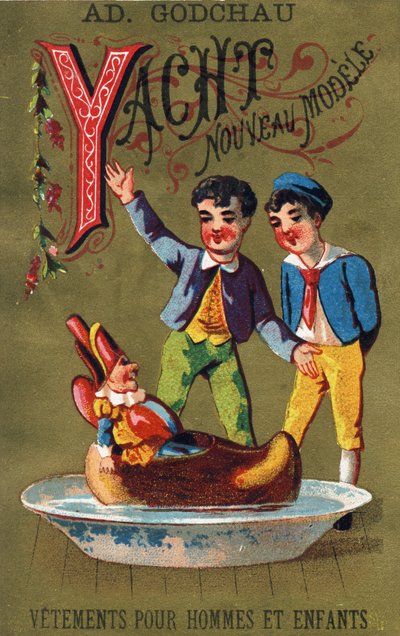 Lettera Y: Yacht nuovo modello. Incisione in "Alphabet des grotesques". Serie di 25 cromolitografie pubblicitarie su sfondo dorato, fine XIX secolo da Unbekannt