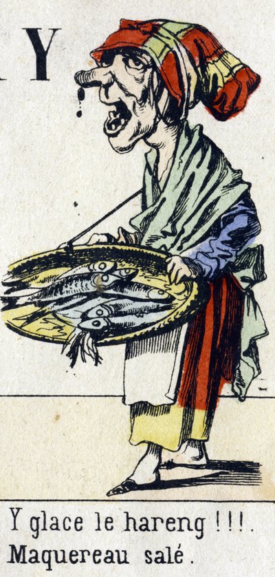 Lettera Y: "ghiacci il pesce!!! Sporco sgombro". Alfabeto "Divertimento dei bambini". Immagini di Epinal, circa 1890. Serie popolare. Piccolo opuscolo di 8 pagine. da Unbekannt