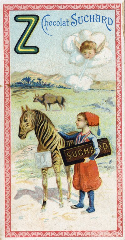 Lettera Z: zefiro, zuavo, zebù, zebra, zero. Incisione dell