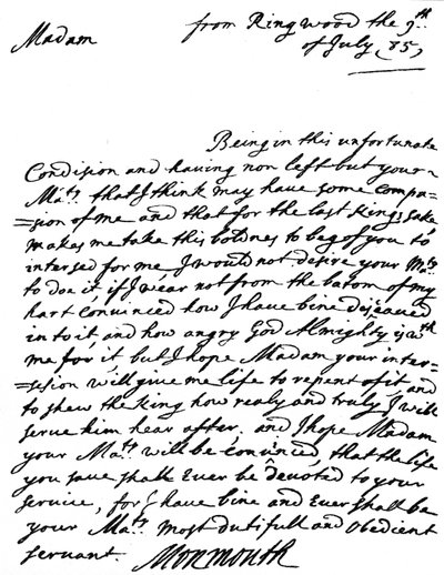Lettera che implora misericordia, scritta da Giacomo, Duca di Monmouth dopo il fallimento della sua ribellione e il giorno dopo la sua cattura, alla Regina Vedova Caterina di Braganza, 9 luglio da Unbekannt