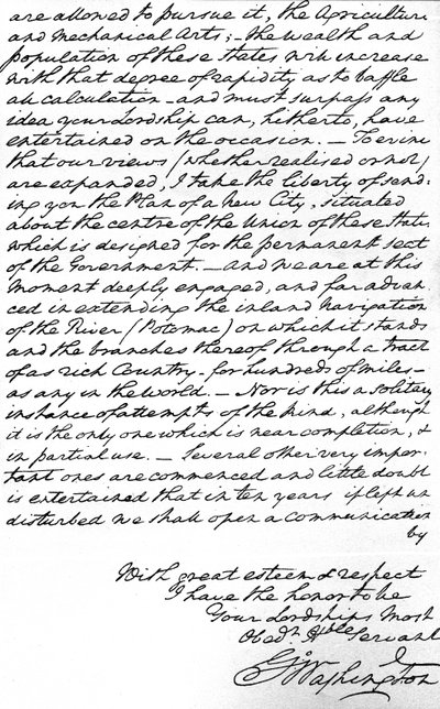 Lettera di George Washington al Conte di Buchan sui principi della futura politica estera americana, inclusi pace, amicizia universale e evitamento del coinvolgimento nella politica europea, e invio dei piani per la nuova capitale da Unbekannt