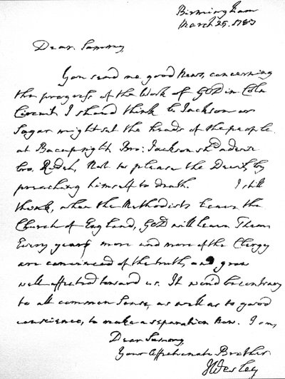 Lettera di John Wesley a Samuel Bradburn, esprimendo la sua forte opinione che i metodisti non dovrebbero lasciare la Chiesa d