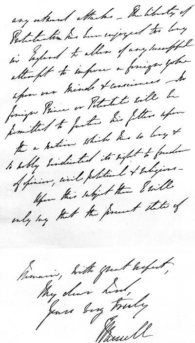Lettera del primo ministro Lord John Russell al vescovo di Durham, denunciando l