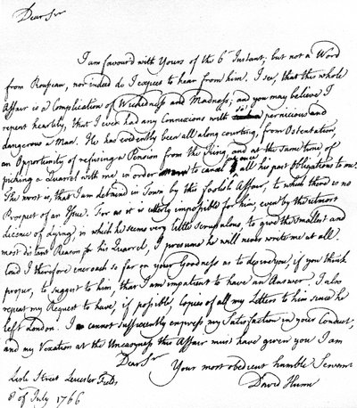 Lettera scritta da David Hume a Richard Davenport riferendosi alle grandi difficoltà della sua relazione con Jean-Jacques Rousseau, il rifiuto di Rousseau di accettare una pensione e le sue liti con Hume, 8 luglio da Unbekannt