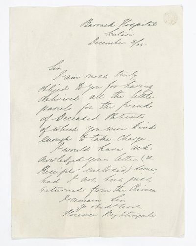 Lettera scritta da Florence Nightingale, mentre era al Barrack Hospital, Scutari da Unbekannt
